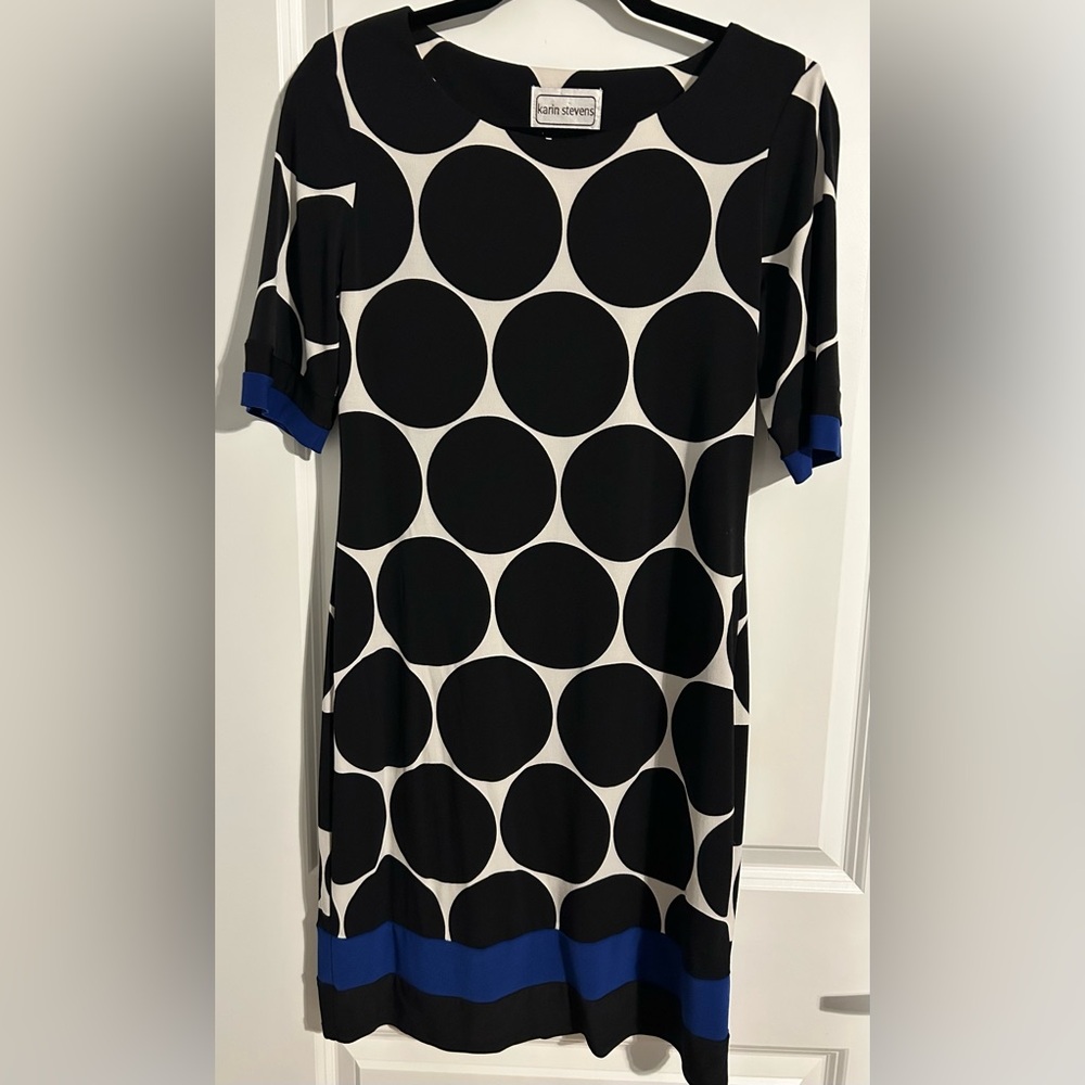 Karin Steven’s Black & Polka Dot Midi size 6  Dress. Short Sleeves. Pre-Loved.